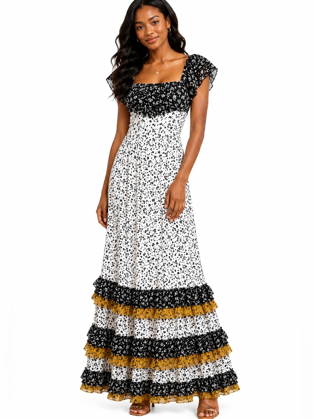 (B17) Les Serein Maxi Dress Tiered Ruffled Shortsleeeve Womens Size M, NWT